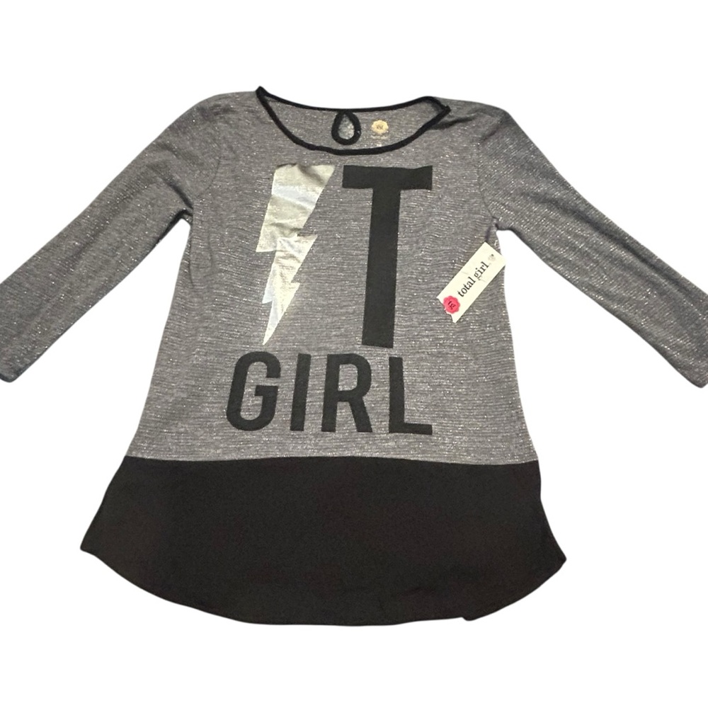 Total Girl Top L Gray Black Long Sleeve Sparkle Lightning Bolt‎ Tee Shirt